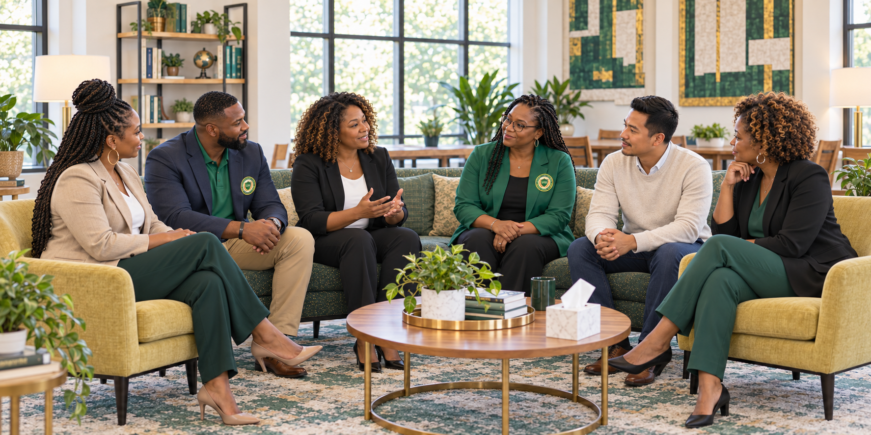 A predominantly Black, diverse group connecting in a Green Heart University community conversation, with GHU-branded attire