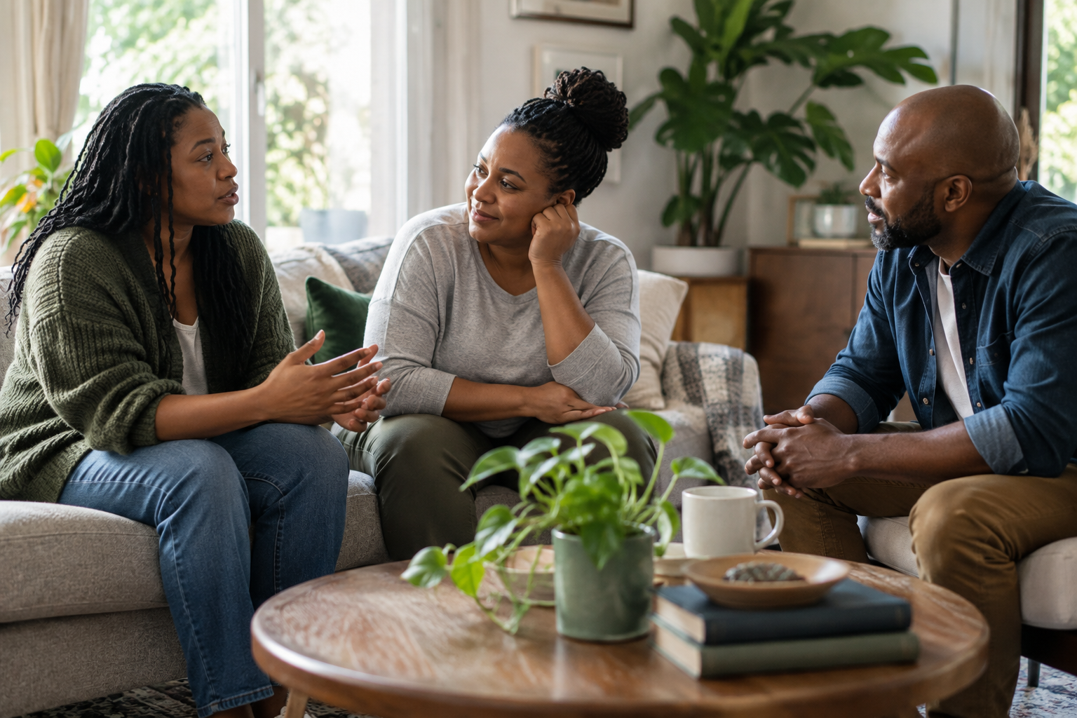 Black friends having a thoughtful and supportive conversation
